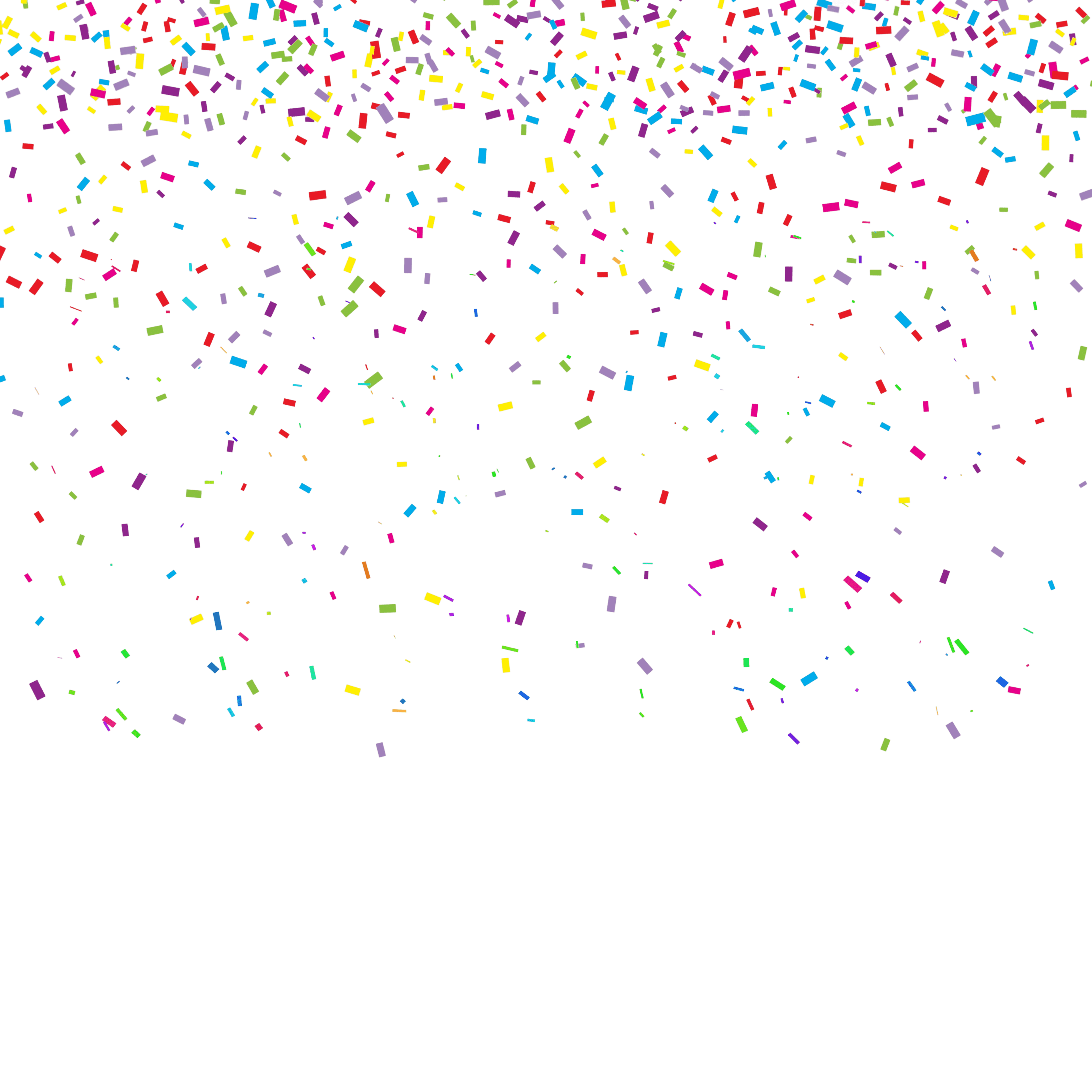 Colorful pixelated squares and rectangles fall like digital confetti against a black background.